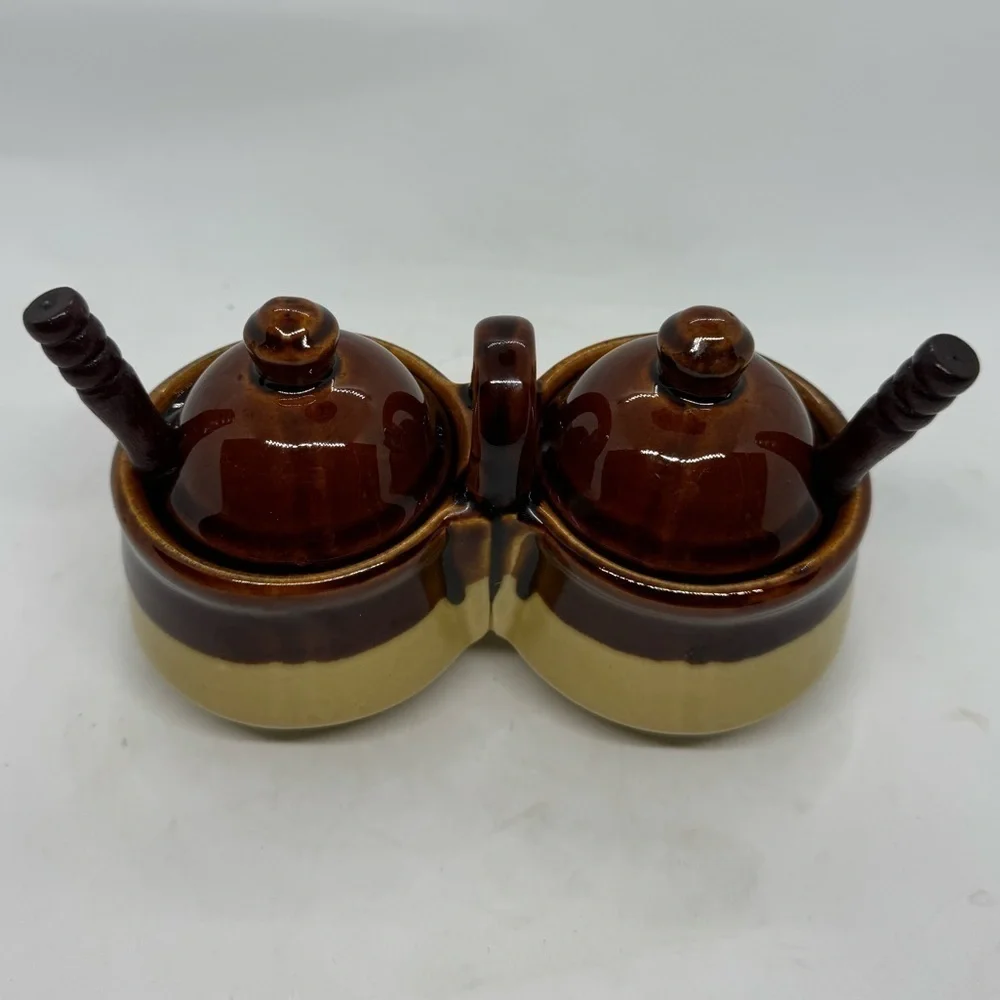 Vintage Stoneware Brown & Tan Double Condiment Jar Caddy with 2 Lids and Spoons